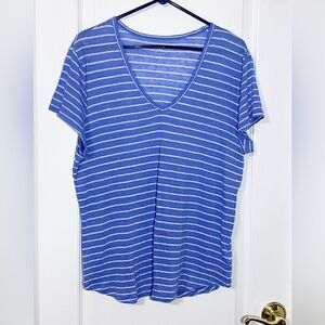 GAP LINEN Striped V-Neck Tee Lt. Blue White XL